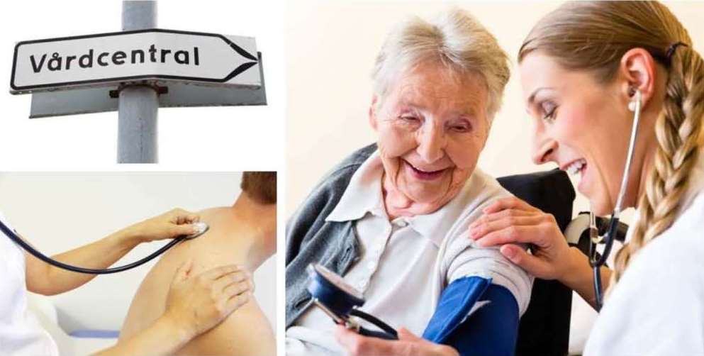 Kollage av tre bilder. Skylt med texten vårdcentral. Kvinnlig vårdpersonal kolla blodtryck på kvinnlig patient. Rygg på patient som undersöks av vårdpersonal. Kollage av tre bilder. Skylt med texten vårdcentral. Kvinnlig vårdpersonal kolla blodtryck på kvinnlig patient. Rygg på patient som undersöks av vårdpersonal.